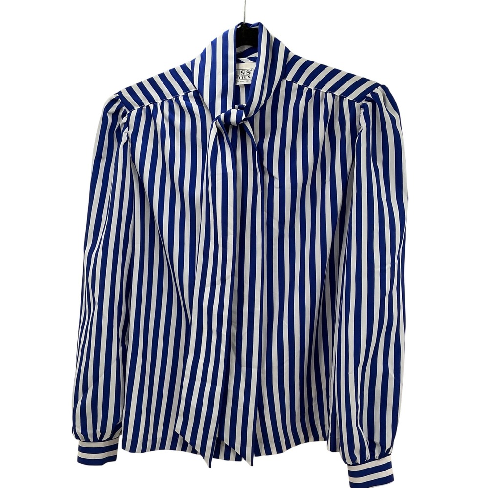 Russ Petites Blouse Womens 10 Blue White Striped Bow Tie Vintage 80s Nautical